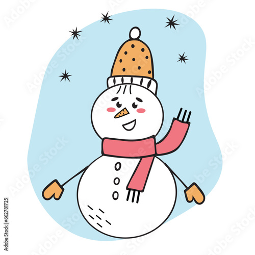 Cheerful snowman. Doodle illustration. Children s Christmas card. Hello winter