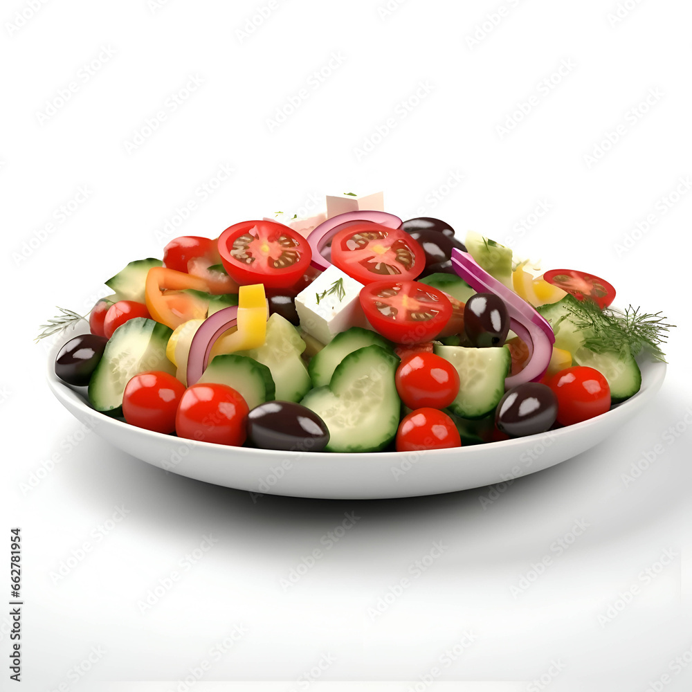 Greek salad in a plate on a white background. 3d illustration Greek salad in a plate on a white background. 3d illustration