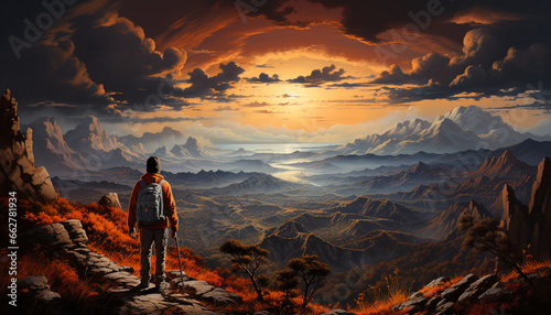 Men hiking mountain peak at sunset, an adventure in nature generated by AI