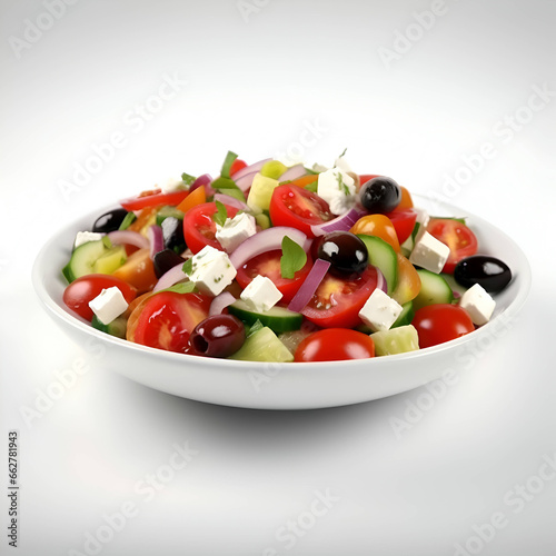 Greek salad with feta cheese and fresh vegetables on a white background