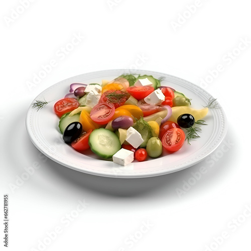 Plate of greek salad with feta cheese and olives isolated on white background