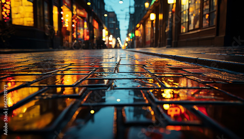 Night architecture illuminated by window light, wet streets reflect city life generated by AI
