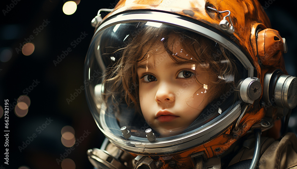 Cute, smiling girl, looking at camera, enjoying playful childhood adventure generated by AI Cute, smiling girl, looking at camera, enjoying playful childhood adventure generated by AI