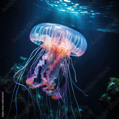 The Purple-striped Jellyfish on under water dark sea