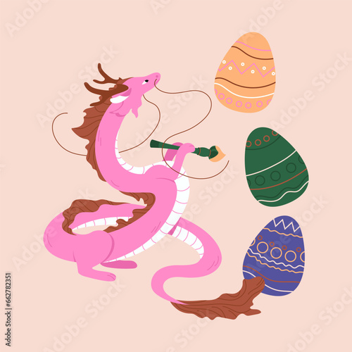 Chinese dragon painting with traditional brush on Easter eggs. Symbol of 2024 New Year in flat design. Vector illustration for April calendar month and Happy easter holiday. Isolated on beige backdrop