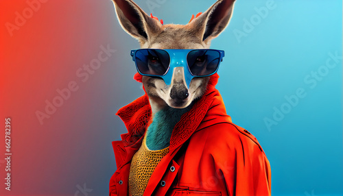Cool looking Kangaroo wearing funky fashion dress - bright red jacket  vest  sunglasses. Wide blue banner with space for text right side. Stylish animal posing as supermodel
