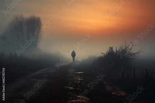 figure walking down a misty road, surrounded by trees with autumn foliage. The ground is wet, possibly from recent rain © manof