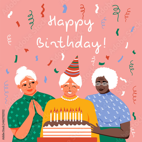 Happy birthday! Old Women with Birthday Cake and Celebrating. Confetti flying in the air. Friends on the Party. Greeting card. Vector illustration