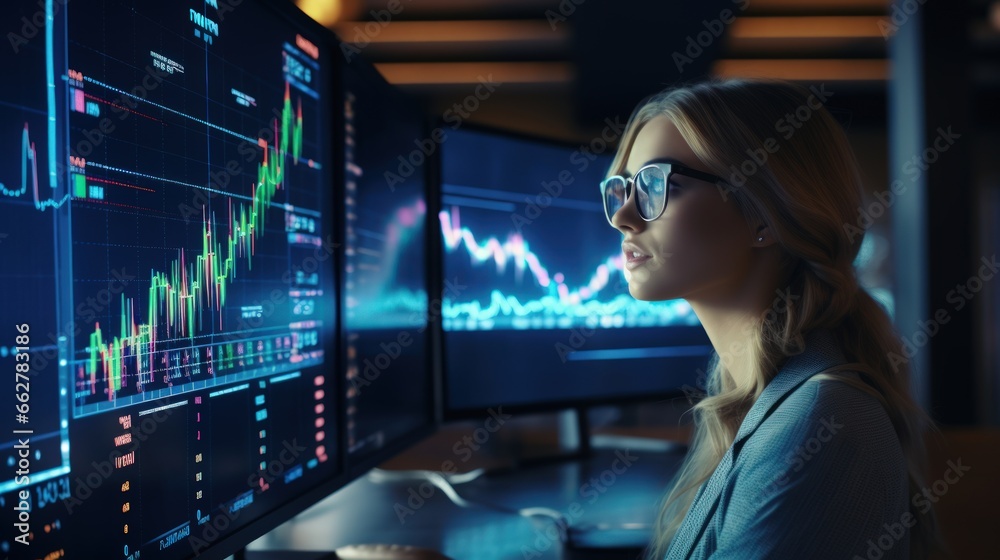Woman working finance trade manager analyzing stock future market. Woman working finance trade manager analyzing stock future market.