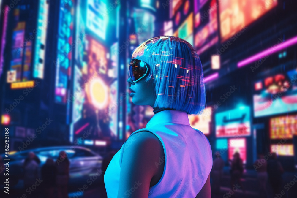 Beautiful Retro-Futuristic Portrait of a Human Gamer Girl Resembling an Android Robot with Artificial Intelligence, Travelling in Modern City with Neon Lights and Colorful Cyberpunk Vibe