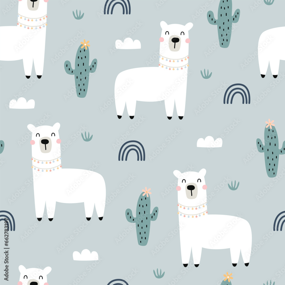 Obraz premium cartoon animal background for kids seamless pattern baby with llama and cactus Children's style hand drawn design. Used for fabric, textile, wallpaper printing, decoration.