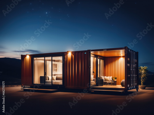 Shipping container home. Modular prefabricated house made from shipping containers. Living off grid concept