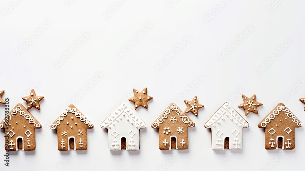 Christmas flat lay with gingerbread houses and cinnamon star cookies, white background with copy space, xmas decoration top view, ai generated  - obrazy, fototapety, plakaty 
