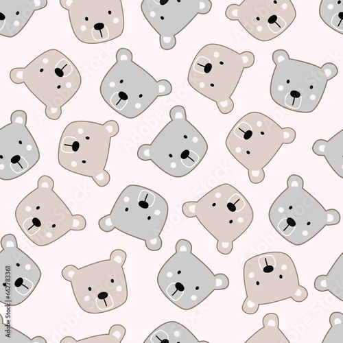 Baby seamless pattern cute bear face cartoon animal background. Hand drawn design in children's style. Use for prints, decorations, fabrics, textiles, vector illustrations.