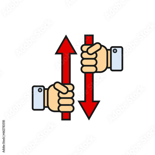 Two hands holding up and down arrows.