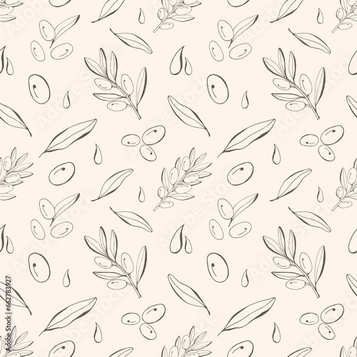 Olive line seemless pattern. Vector branch, sketch fruits, foliage and flower. Graphic monochrome collection. Organic food, oil. For label, border, wrapping papper. Isolated on light background.