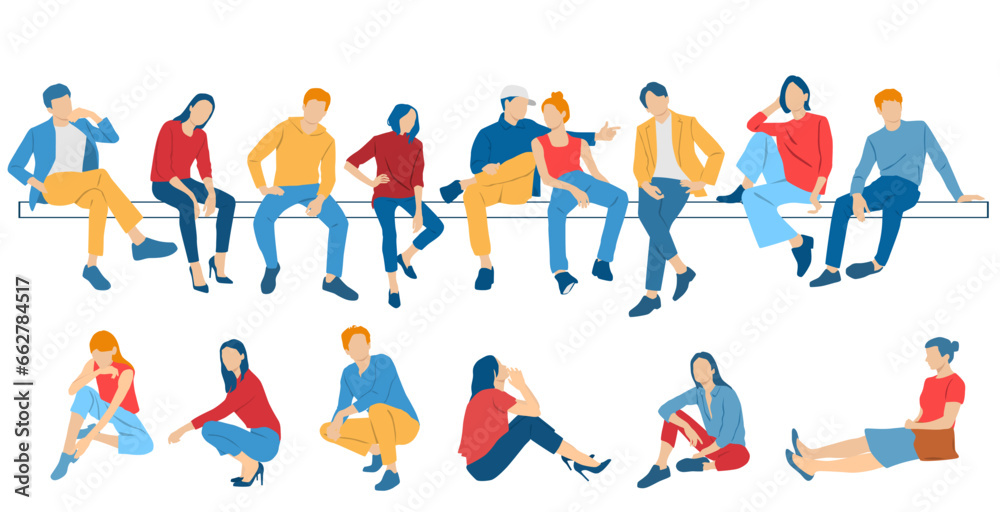 Men, women and teenagers sitting on a bench, different colors, cartoon character, group  silhouettes of business people, students, design concept of flat icon, isolated on white background