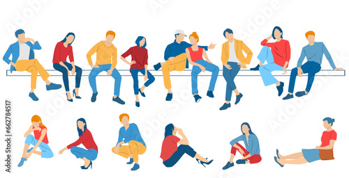 Men, women and teenagers sitting on a bench, different colors, cartoon character, group  silhouettes of business people, students, design concept of flat icon, isolated on white background
