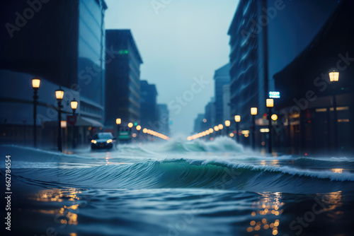 Climate change leading to sea level rise and coastal flooding. Cars driving through downtown street   © nobeastsofierce