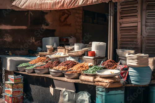 Sunny Day at a Street Food Stall with a Variety of Dishes, ai generative