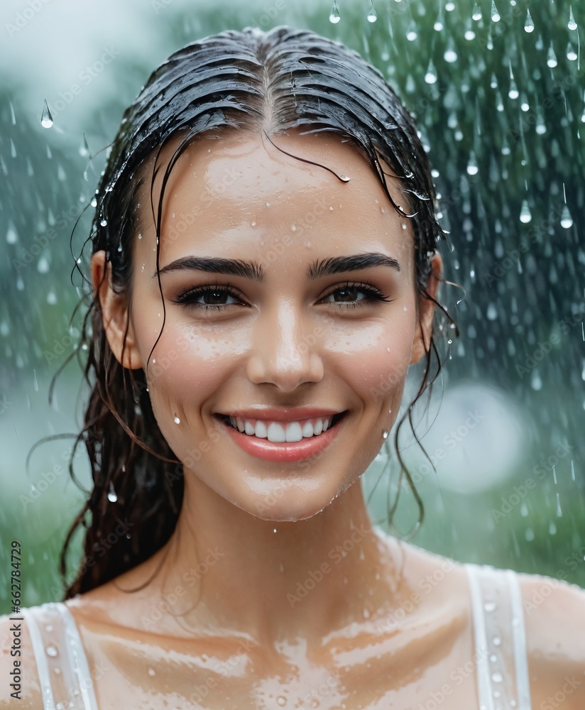 close up model's face, raining, a wet look