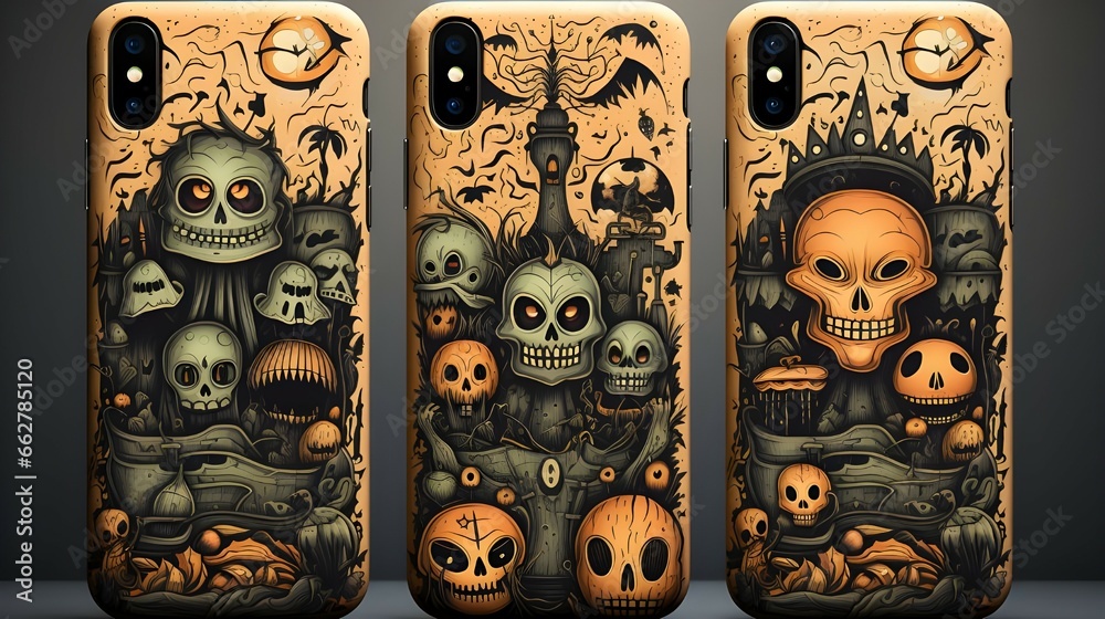 Halloween Pattern smartphone case mock up on white background, vintage, Generative AI