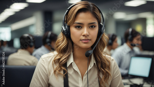 Customer service or call center agent with headset working on support hotline in office.