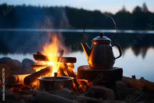 kettle is warming over a small campfire by a tranquil lake, evoking a sense of peaceful solitude