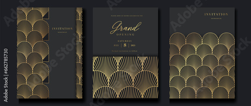 Luxury invitation card background vector. Golden elegant geometric shape, gold line gradient on dark background. Premium design illustration for gala card, grand opening, party invitation.