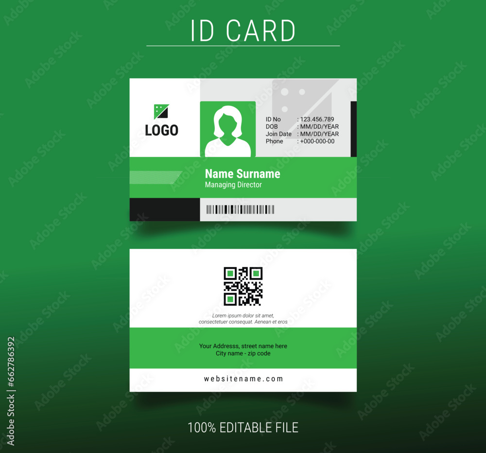 Modern horizontal ID Card Template with an author photo place | Office Id Card Layout on white background and black, green shape | Employee Id Card for Your Business or Company