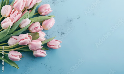 Elegant pink tulips against a vibrant blue background.