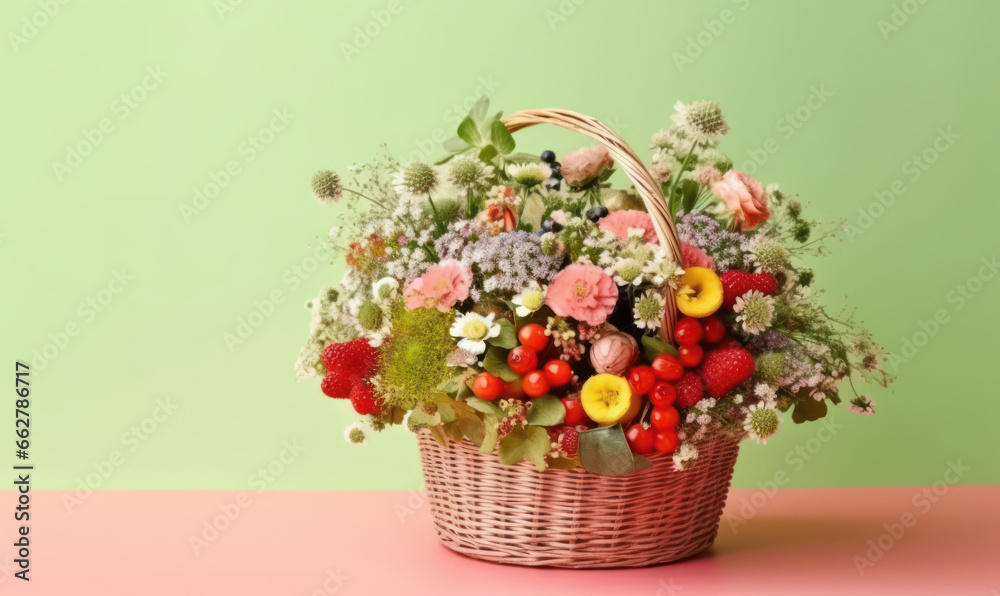 A wicker basket overflows with delicate flowers and luscious berries.