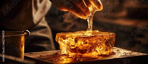 An experienced refiner pouring molten metal from a crucible into a mold With copyspace for text photo