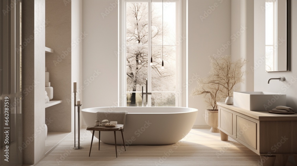 A tranquil bathroom with a freestanding tub and soft neutral tones A tranquil bathroom with a freestanding tub and soft neutral tones