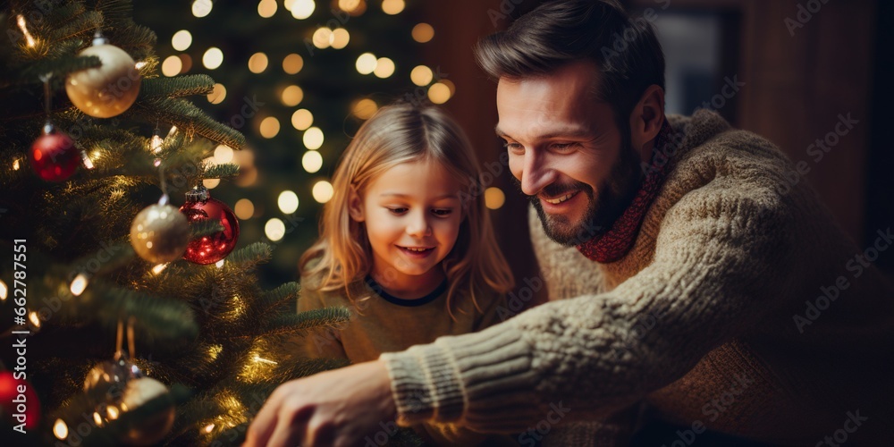 Father and children with christmas tree, concept of Joy