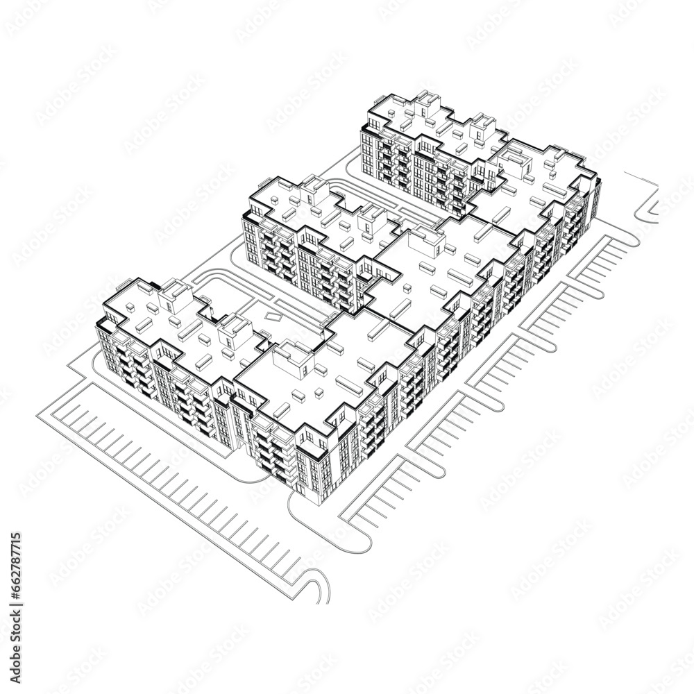 Vector architectural project of a multistory building, aerial view