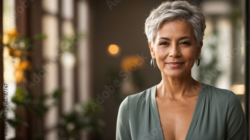 portrait of a latin mature woman with short hair smiling beautiful looking at camera, beautiful soft and smooth skin, space fot text
