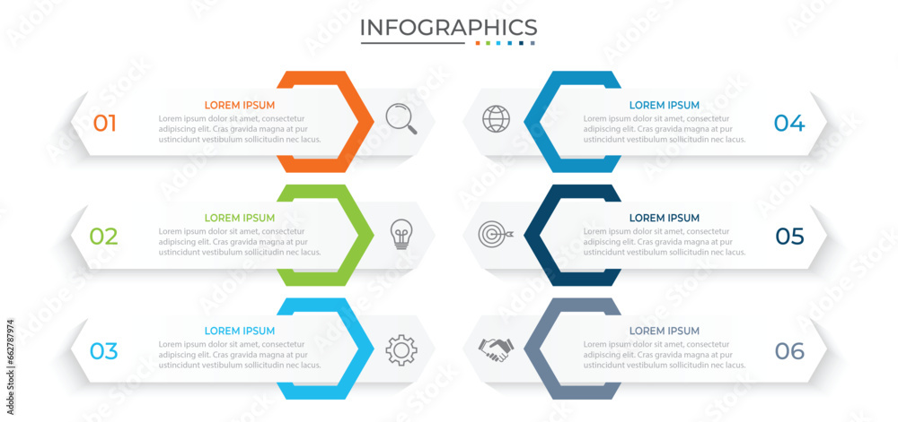 Vector infographic design template with 6 options or steps - obrazy, fototapety, plakaty 