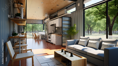 An interior view of a beautifully designed and stylish tiny home made from shipping containers, demonstrating that small spaces can be both functional and aesthetically pleasing.