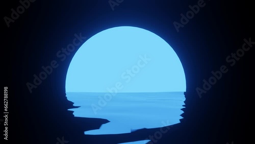 Bright blue supermoon landscape over the wavy ocean in the dark night loop 4k