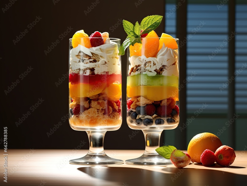 Parfait glasses with layered fruit salad and yogurt illustration, Parfait with fruits background Parfait glasses with layered fruit salad and yogurt illustration, Parfait with fruits background