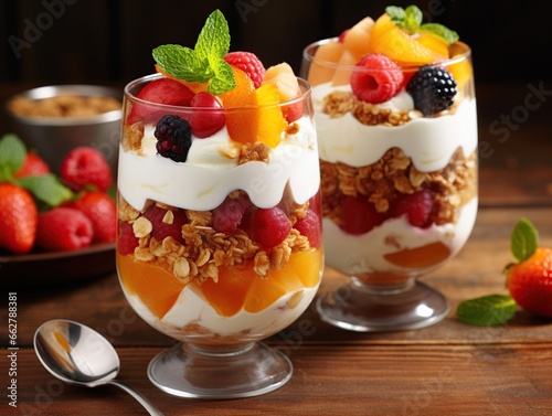 Parfait glasses with layered fruit salad and yogurt illustration, Parfait with fruits background 