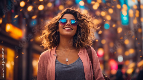 Colorful portrait of a happy young blonde woman having fun smiling on the street on an autumn day  party concept  space for text 