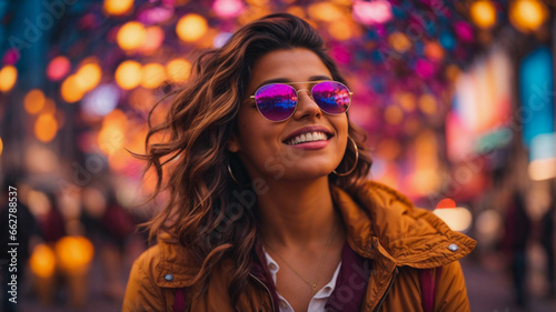 Colorful portrait of happy young blonde woman having fun smiling on the street, party concept, space for text