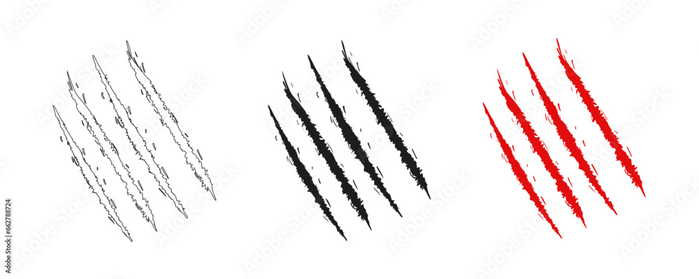 Animal claw scratches and marks. Set. Black and red bloody silhouettes and outline. Icon, flat. Vector isolated on white background. Scratches from a cat, tiger, lion, dog, jaguar, bear, puma leopard - obrazy, fototapety, plakaty 