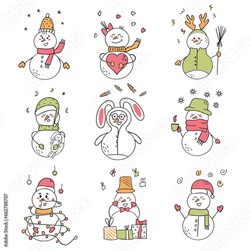 Set of funny snowmen. Doodle illustration. Design for cards or Christmas stickers. Hello winter