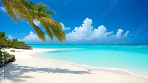 Beach with palm trees. Beautiful beach with crystal clear water. © Adam