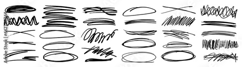 Grunge scrawls, charcoal scribbles, rough brush strokes, underlines and circles. Bold charcoal freehand stripes and ink shapes. Crayon or marker scribbles. Vector illustration