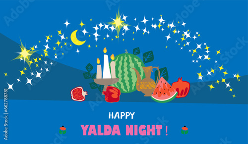 Happy Yalda night banner template with symbols of the holiday - watermelon, pomegranate, nuts, candles. Iranian night of forty festival of winter solstice celebration.