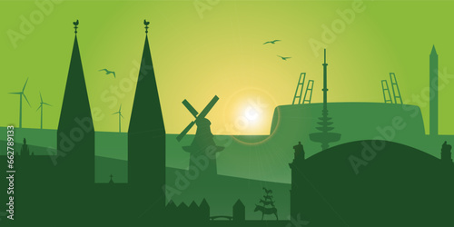 Silhouette of the city of Bremen for a background with sights (green)